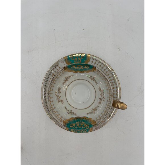 Vintage Teacup & Saucer Set With Gold Trim & Green Floral Accents - Picture 2 of 5